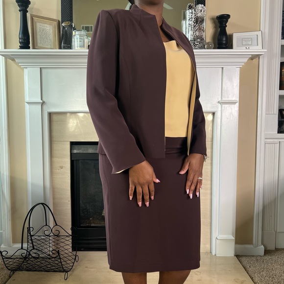 Kasper Chocolate Brown & Nude 3PC Skirt Suit, 14 - Picture 2 of 10